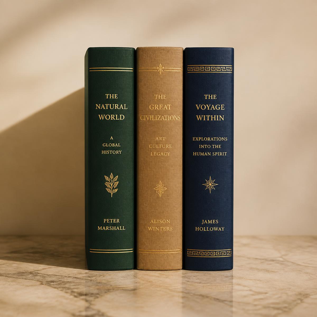 Three luxurious hardcover books with gold-embossed spines standing on a warm marble surface