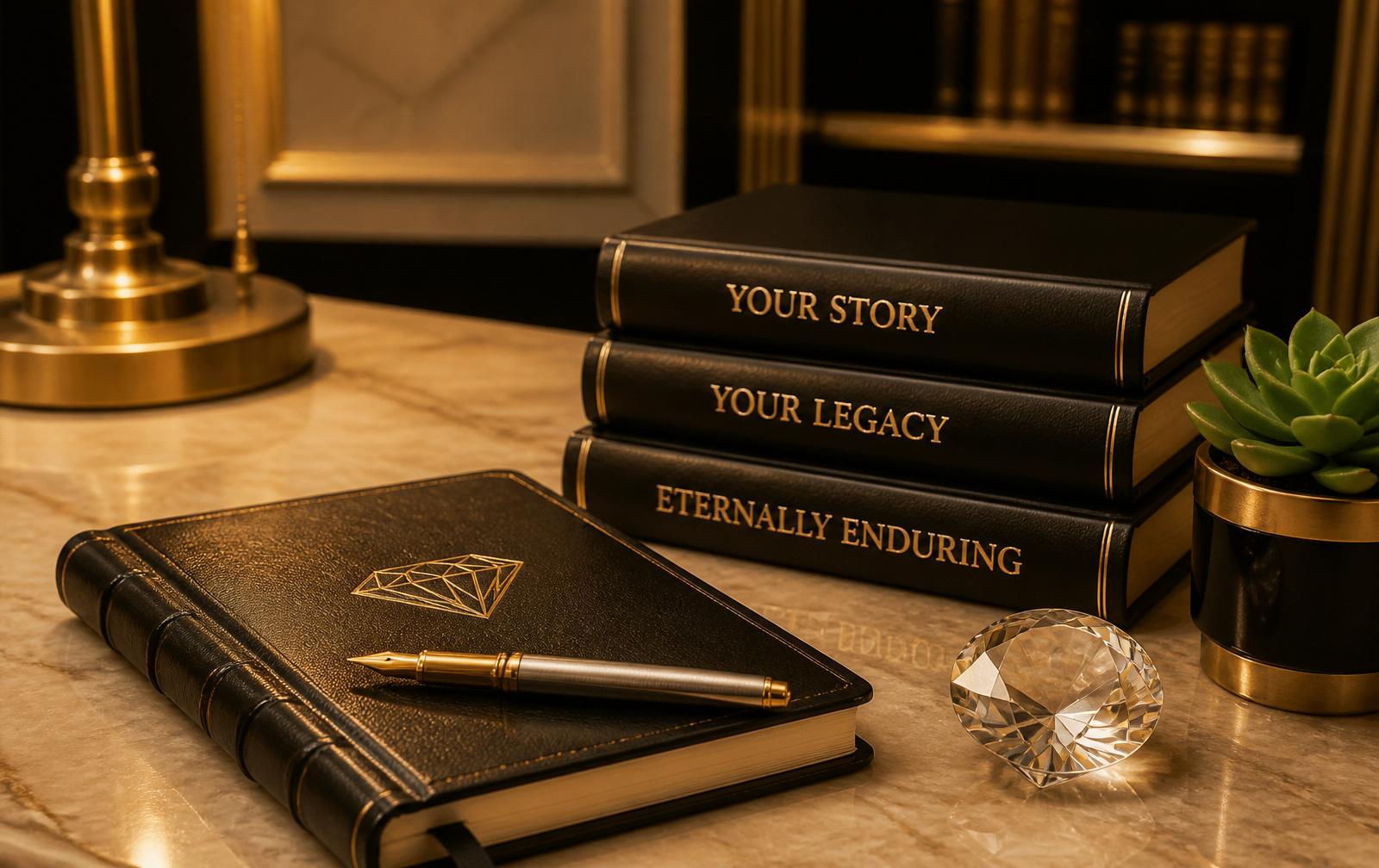 A warm writing desk of Diamond Legacy Press — brass lamp, a black leather journal embossed with a gold diamond, a fountain pen, a stack of hardcover volumes titled Your Story, Your Legacy, Eternally Enduring, a faceted crystal diamond, and a small potted succulent